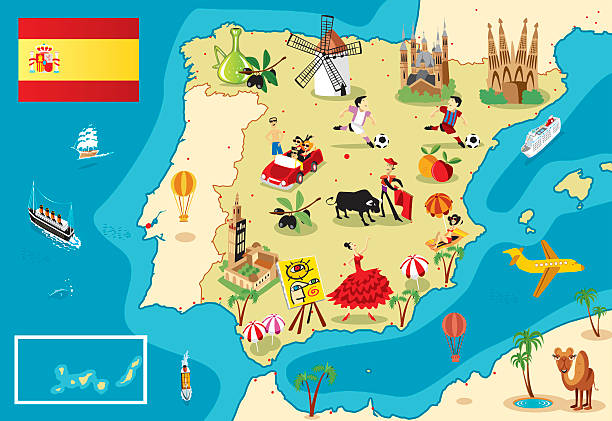 мультяшный карта испании - barcelona sevilla stock illustrations