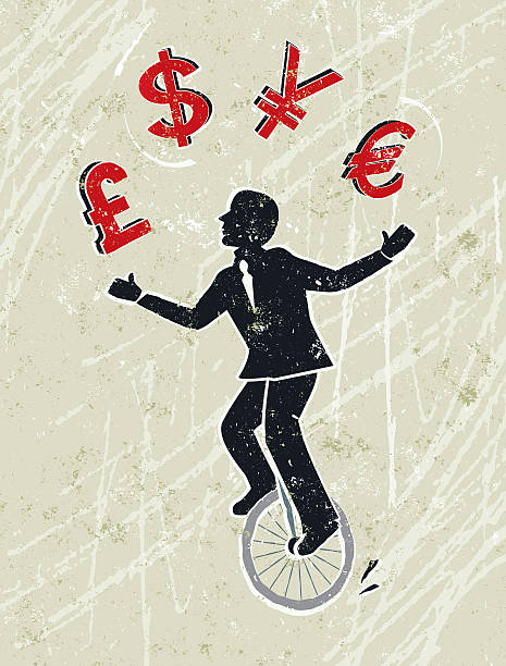 geschäftsmann beim jonglieren, dollar, pfund, yen, euro-symbole auf einrad - unicycle cycling balance businessman stock-grafiken, -clipart, -cartoons und -symbole