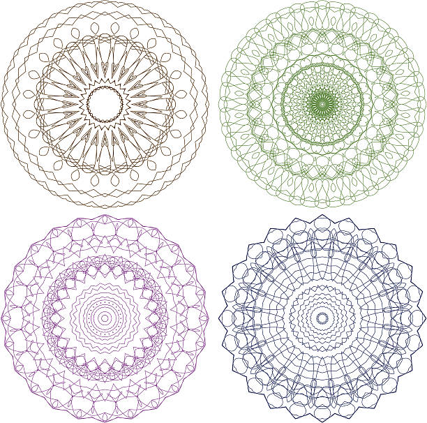 ilustrações, clipart, desenhos animados e ícones de conjunto de vetor guilhoché rosettes - lace guilloche decoration circle