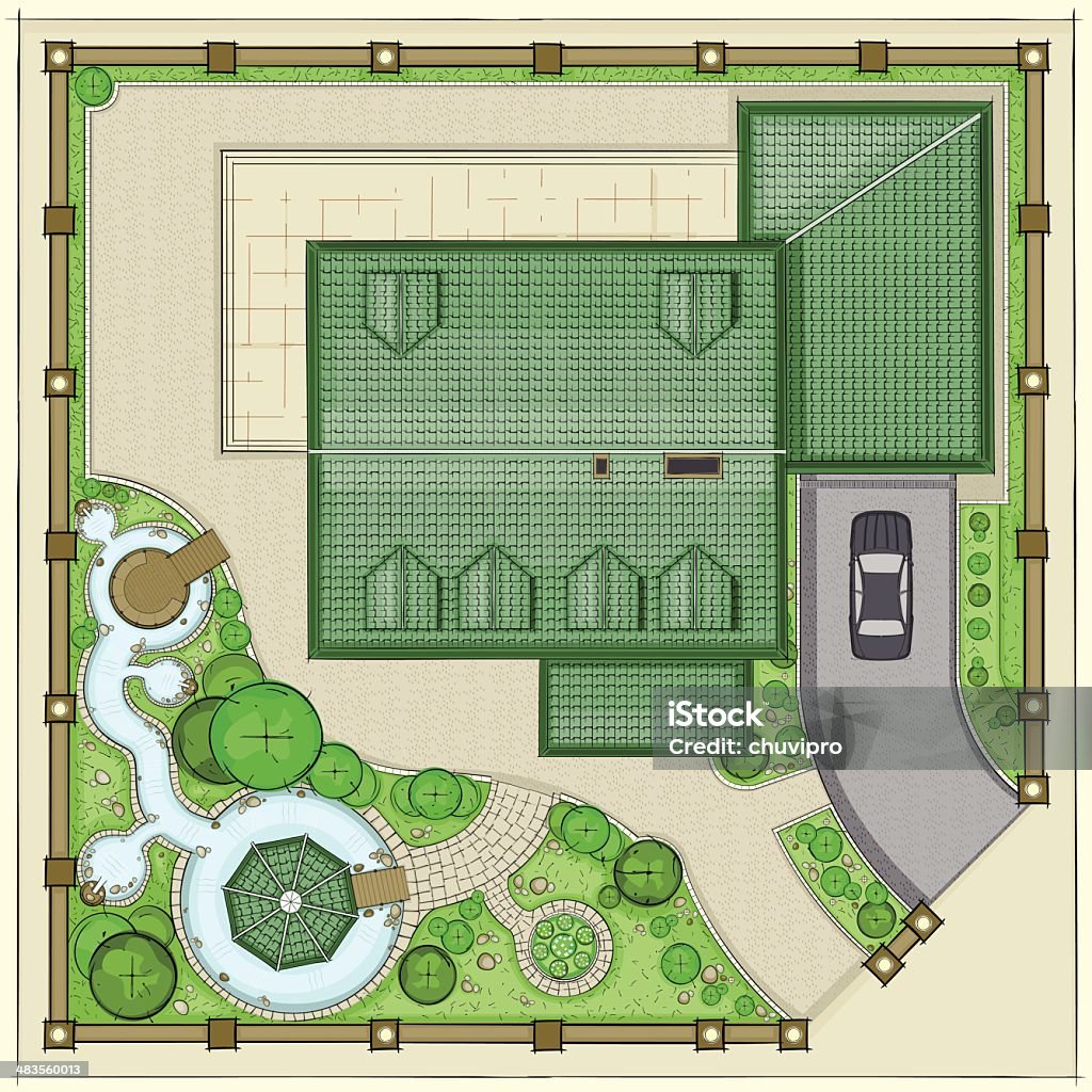 Casa plano com um belo jardim e quintal, Lagoas - Royalty-free Plano - Documento arte vetorial