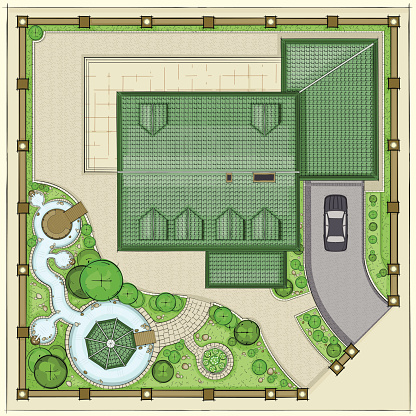 The House Top view. Top Plan of landscaping area. The residential home with a beautiful garden, ponds and backyard.