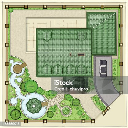 istock House plan with a beautiful garden, ponds and backyard 483560013