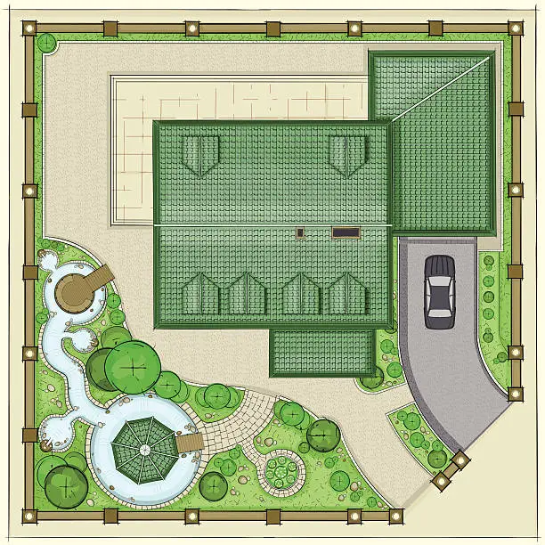 Vector illustration of House plan with a beautiful garden, ponds and backyard
