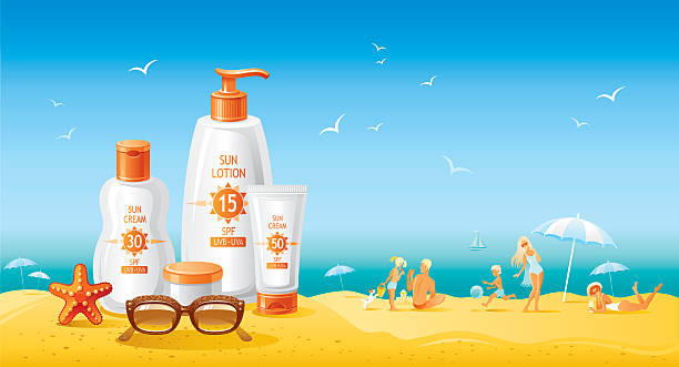 Sun protection cosmetics for family on the beach Sun protection cosmetics for the family on the beach. Beautiful tubes with creams and lotions, family on the beach as background. starfish sunglasses stock illustrations