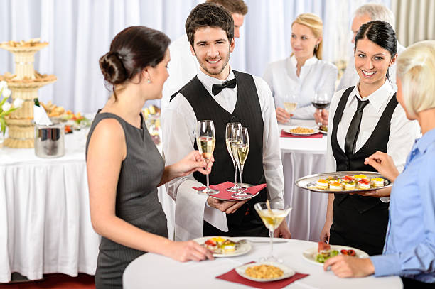 Catering service at company event offer food Catering service at business meeting offer food refreshments to woman caterer photos stock pictures, royalty-free photos & images