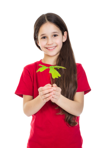 Smiling girl with oak sapling in hands, isolated on white