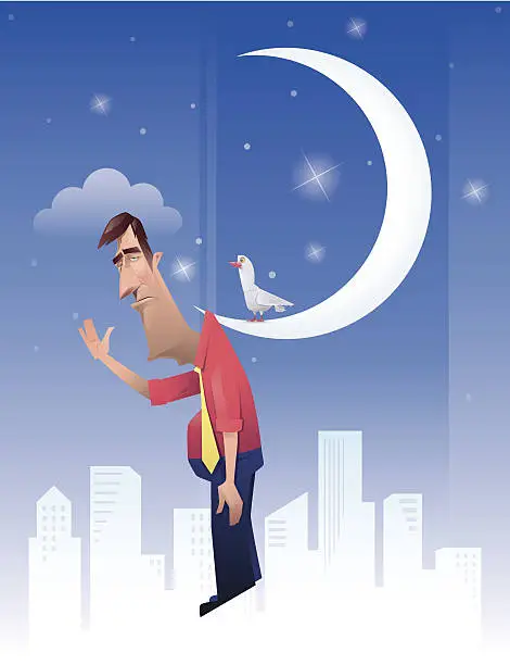 Vector illustration of man hanged on moon