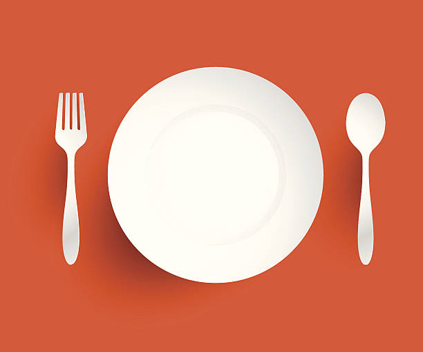 空の皿、フォークやスプーン沿いに配置されます。 オレンジに backgroun - spoon fork table knife place setting点のイラスト素材／クリップアート素材／マンガ素材／アイコン素材