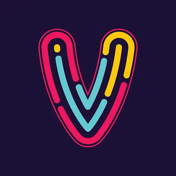 Vector illustration of V etter icon with neon line or finger print.