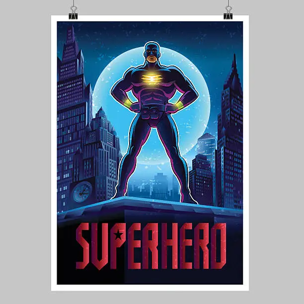 Vector illustration of Superhero in action. Superhero in the night city. Poster layout