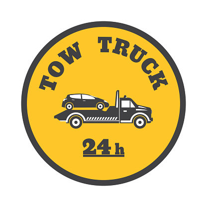 Tow truck icon on a white background. Round the clock evacuation of cars. Design can be used as a poster, advertising, singboard. Vector element of graphic design