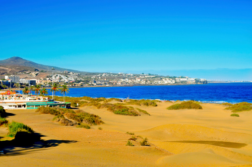 a view of Playa del Ingles in Maspalomas, Gran Canaria, Canary Islands, Spain
