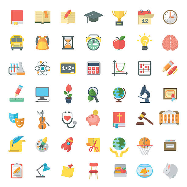 Flat Colorful School Subjects Icons Isolated on white Set of modern flat vector icons of school subjects, activities, education and science symbols isolated on white. Concepts for web site, mobile or computer apps, infographics group of objects colourful stock illustrations