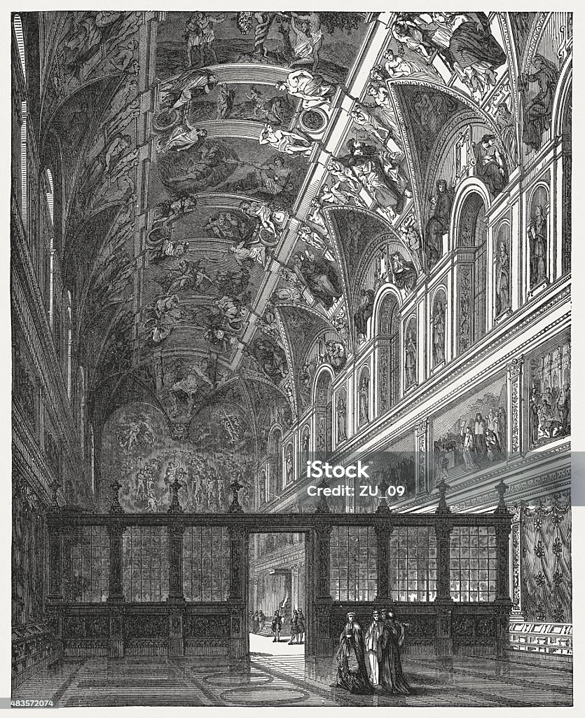 Indoor view of Sistine Chapel, Vatican, published in 1878 Indoor view of Sistine Chapel, Vatican with the famous frescoes by Michelangelo Buonarroti. Wood engraving, published in 1878. Sistine Chapel stock illustration