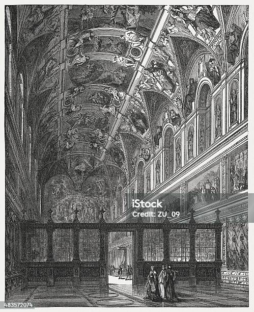 Indoor View Of Sistine Chapel Vatican Published In 1878 Stock Illustration - Download Image Now