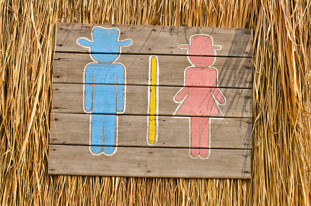 Ho Chi Minh City suburbs, Vietnam – January 20, 2016: Sign showing the way to the male toilets in a café in the Saigon suburbs