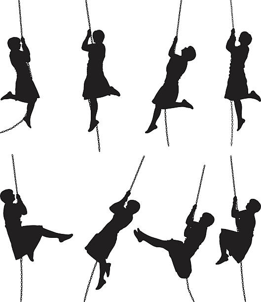 Woman silhouette swinging on a rope Woman silhouette swinging on a ropehttp://www.twodozendesign.info/i/1.png rope climbing stock illustrations