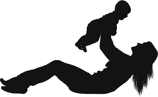 실루엣 있는 여자 게임하기 자신의 아기 - silhouette mother baby computer graphic stock illustrations