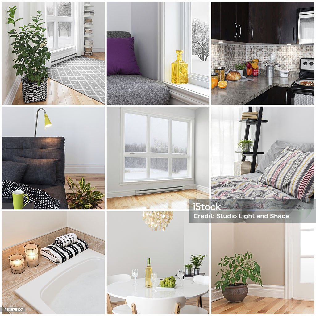 Modern home Modern home. Living room, dining room, bedroom, kitchen, bathroom. Collection of 9 images. Image Montage Stock Photo