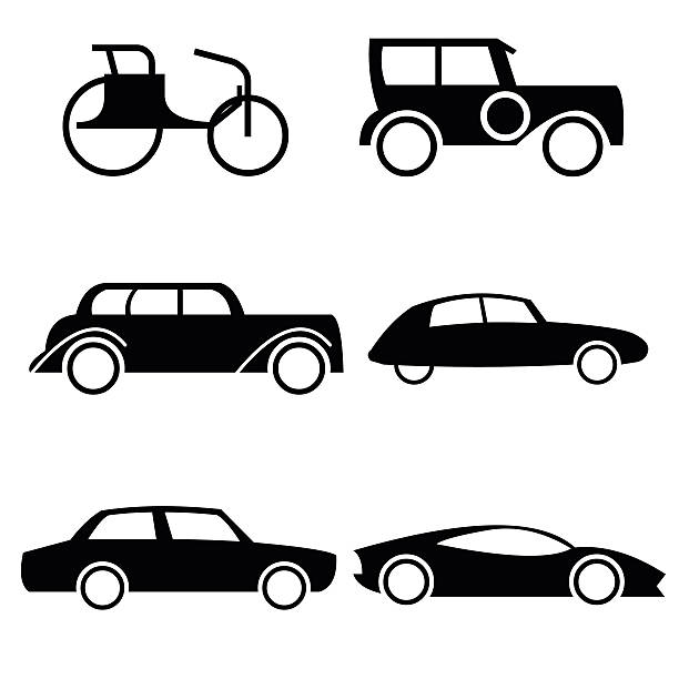 Icon set of cars through history. Evolution of car through history. Simple silhouettes vector illustration change silhouettes stock illustrations