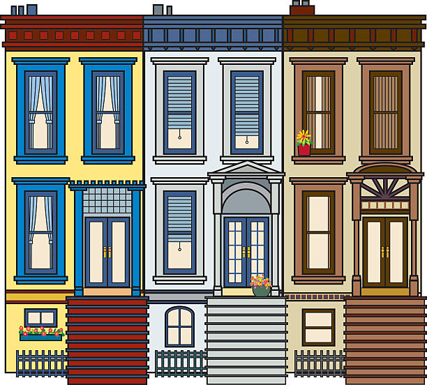 ilustraciones, imágenes clip art, dibujos animados e iconos de stock de fila de brownstone - row house illustrations