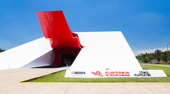 Sao Paulo, Brazil - February 2, 2014: The Ibirapuera Auditorium (Portuguese: Auditório Ibirapuera) is a building conceived by Oscar Niemeyer for the presentation of musical spectacles, situated in Ibirapuera Park in São Paulo.