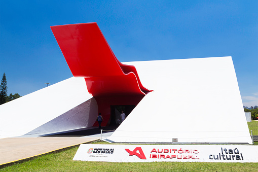 Sao Paulo, Brazil - February 2, 2014: The Ibirapuera Auditorium (Portuguese: Auditório Ibirapuera) is a building conceived by Oscar Niemeyer for the presentation of musical spectacles, situated in Ibirapuera Park in São Paulo.