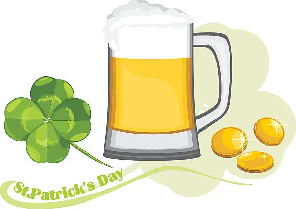 Vector illustration of Beer mug, coins and clover leaf. St. Patrick's Day