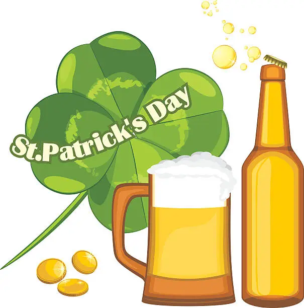 Vector illustration of Beer mug and bottle, coins and clover leaf. St. Patrick's Day