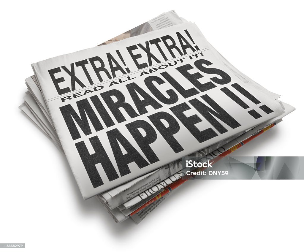 Miracles Hapen A newspaper with the headline " Miracles Happen". Miracle Stock Photo