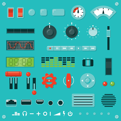 Set of parts for building your own machine interface. Includes assorted knobs, buttons, levers, switches, dials, sockets, vents, grilles, lights, digital displays, screws, rivets and icons, all in a flat graphic style.