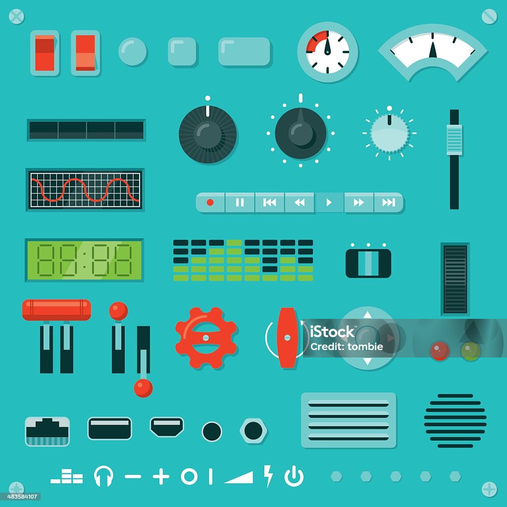 Knobs, Buttons, Levers, etc. Set of parts for building your own machine interface. Includes assorted knobs, buttons, levers, switches, dials, sockets, vents, grilles, lights, digital displays, screws, rivets and icons, all in a flat graphic style. Lever stock vector