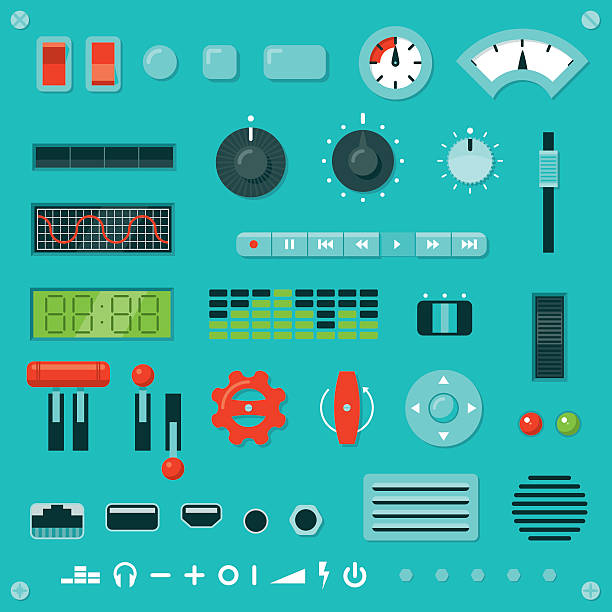 Knobs, Buttons, Levers, etc. Set of parts for building your own machine interface. Includes assorted knobs, buttons, levers, switches, dials, sockets, vents, grilles, lights, digital displays, screws, rivets and icons, all in a flat graphic style. recording studio illustrations stock illustrations