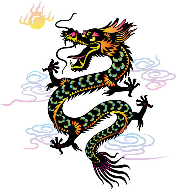 ilustrações, clipart, desenhos animados e ícones de o ano do dragão colorido papel cortado arte - dragon chinese dragon china chinese ethnicity