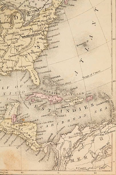 Caribbean map Vintage 1800's map with Carribean sea and Atlantic ocean and more. gulf of mexico photos stock pictures, royalty-free photos & images