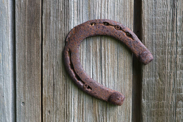 istock Rusty horseshoe nailed to an old wooden wall 483586690