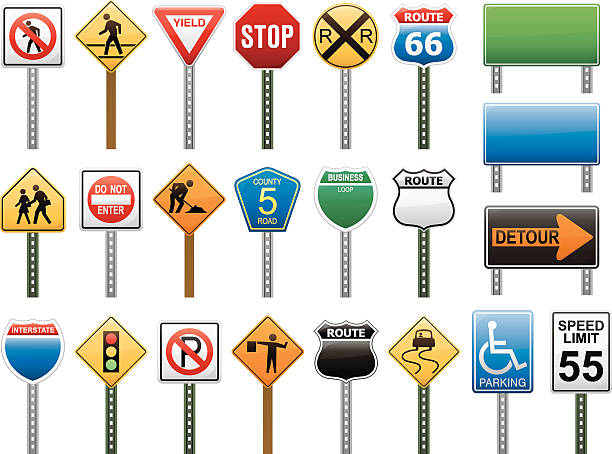 American Interstate Road Sign Vector Illustration Collection A wide variety of American road signs. This set includes the stop sign as well as handicap parking, speed limit, construction, do not enter, railroad, walk and don't walk, yield, stoplight, business loop, county road, no parking and interstate signs. It also includes the popular Route 66 sign. street sign stock illustrations
