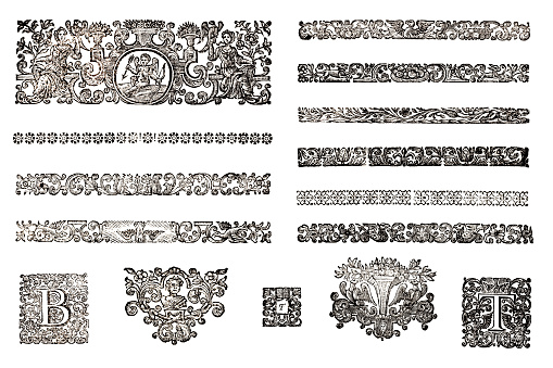 Vintage woodcut engravings of decorative design elements, finials and borders. From a book on ancient Rome published 1746.