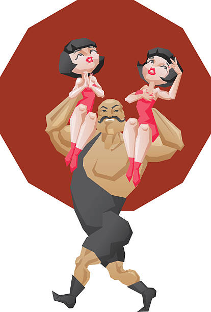ilustrações, clipart, desenhos animados e ícones de "poderosa strongman acomodar duas meninas em ombros" - circus strongman men muscular build
