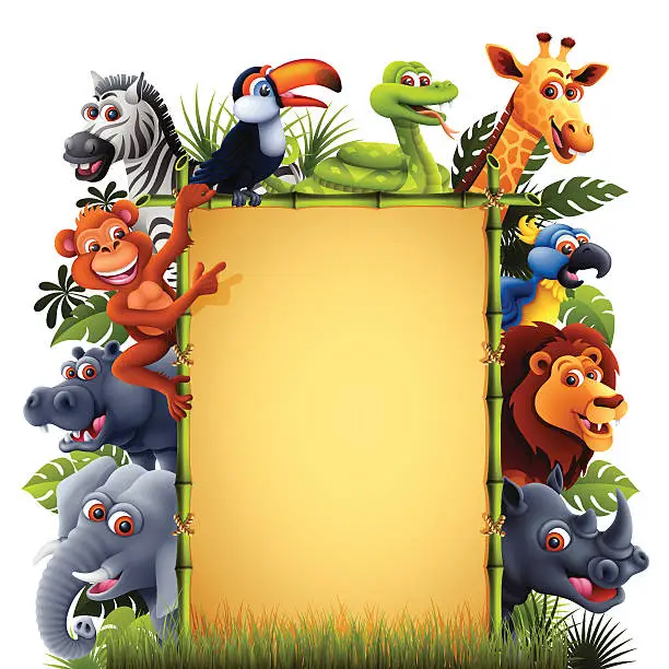 Vector illustration of Jungle Animals with Bamboo Banner