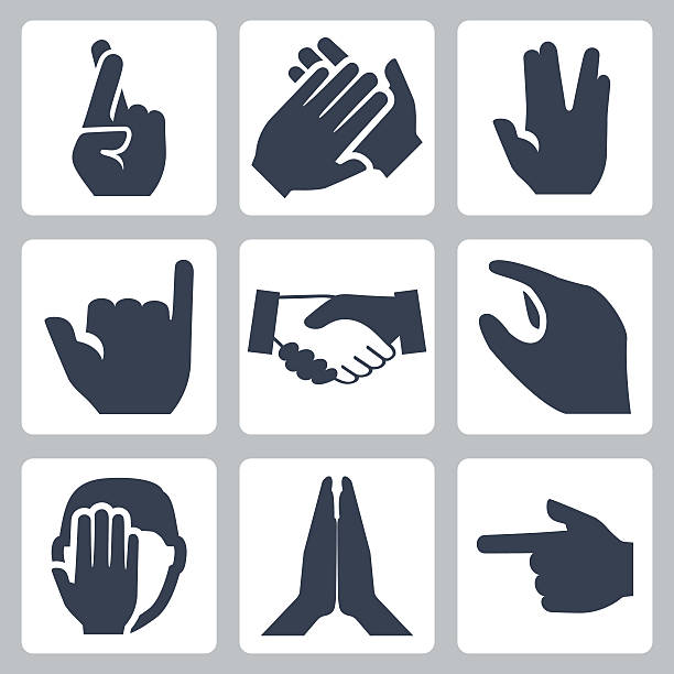 Vector hands icons set Vector hands icons set: cross fingers, applause, vulcan salute, shaka, handshake, size, facepalm, namaste, pointer vulcan salute stock illustrations