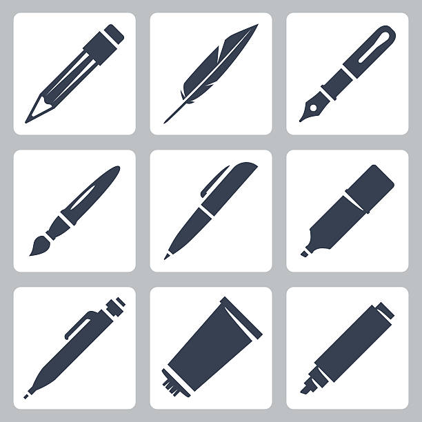 Vector writing and painting tools icons set Vector writing and painting tools icons set: pencil, feather, fountain pen, brush, pen, marker, mechanical pencil, tube of paint fountain pen stock illustrations