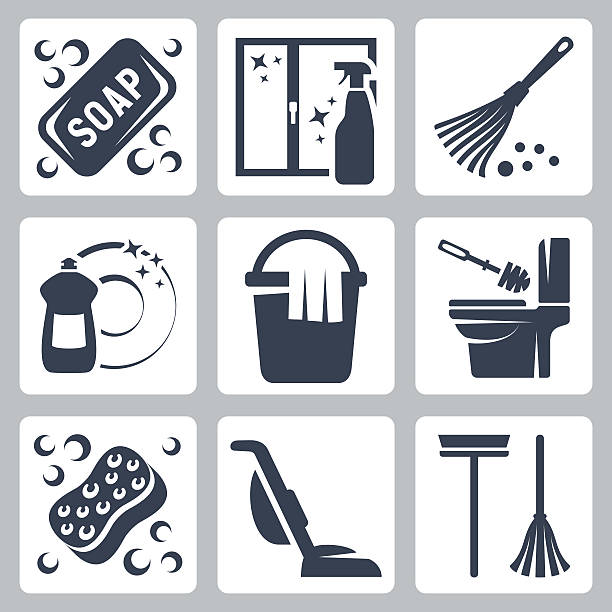 Vector cleaning icons set Vector cleaning icons set: soap, window cleaner, duster, dishwashing liquid, bucket and cloth, toilet brush and flush toilet, sponge, vacuum cleaner, mop toilet brush stock illustrations