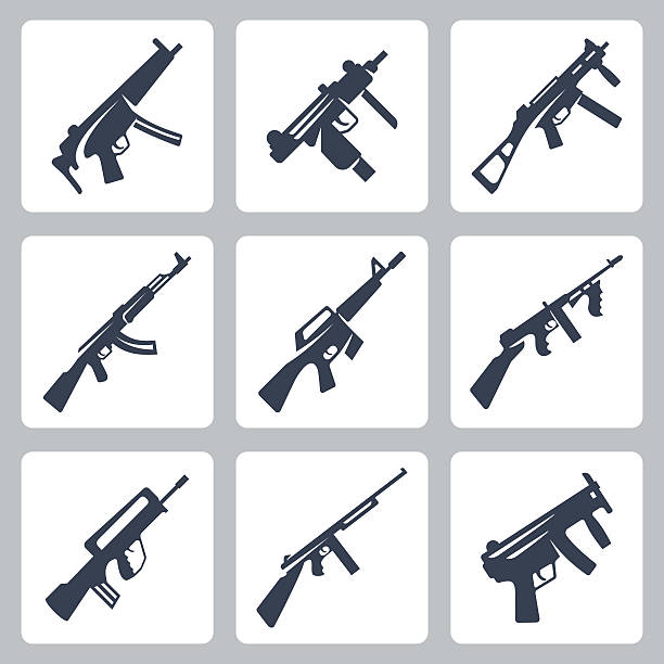 Vector machine guns and assault rifles icons set Vector machine guns and assault rifles icons set uzi submachine gun stock illustrations