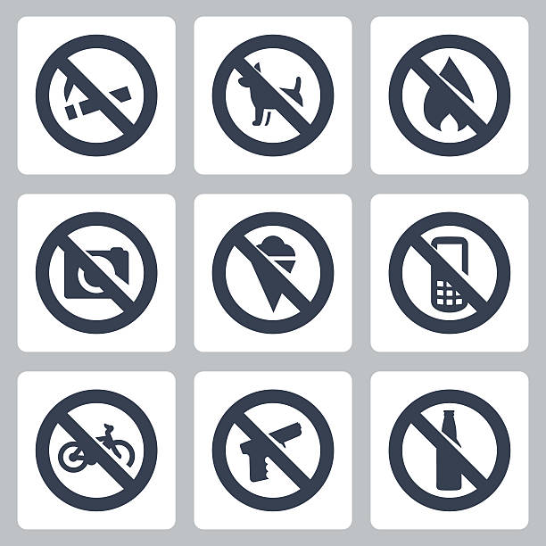 Vector "prohibitory signs" icons set Vector "prohibitory signs" icons set: no smoking, no dogs, no fire, no cameras, no icecream, no cell phones, no bicycles, no guns, no alcohol gun free zone sign stock illustrations