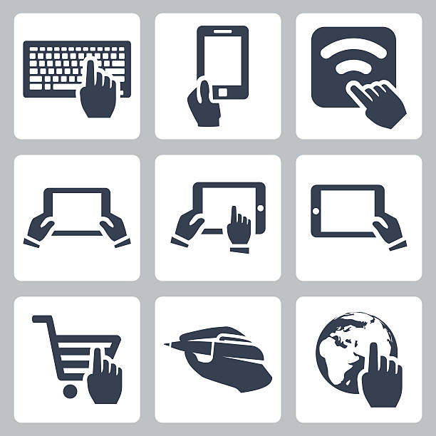 vektor-hand und technologie icons set - globe keyboard stock-grafiken, -clipart, -cartoons und -symbole