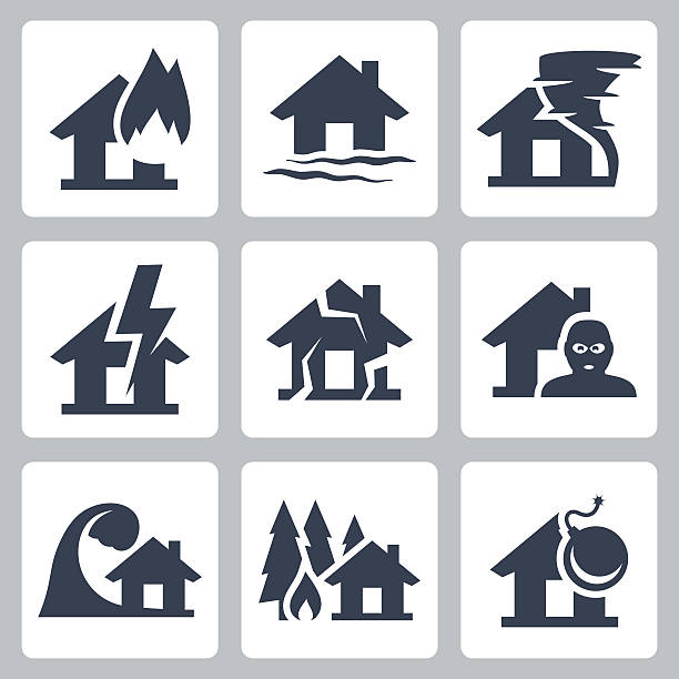 ilustra�ções, clipart, desenhos animados e ícones de vector conjunto de ícones de seguro propriedade - tornado natural disaster damaged house