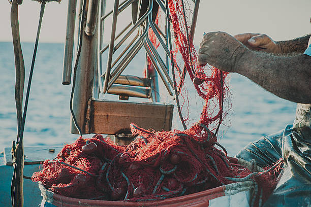 istock Bright orange fishing net with floats. 483592528