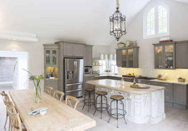 istock Wooden table in luxury kitchen 483596299