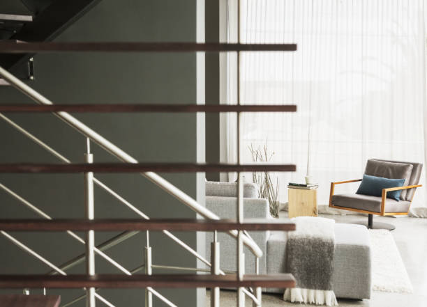 istock Wood slats along modern staircase 483599015
